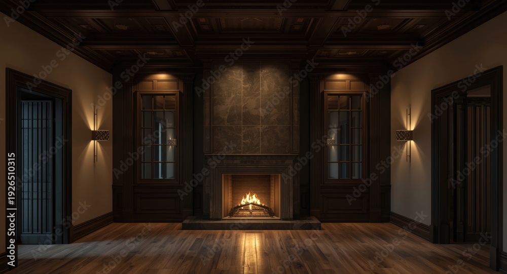 Obraz premium Classic living room space in a luxury home boasting tall ceilings with wooden beams and a beautifully styled fireplace