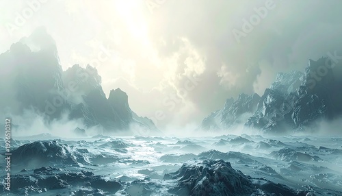 A majestic landscape with jagged mountain peaks shrouded in mist and fog, under a cloudy, ethereal sky