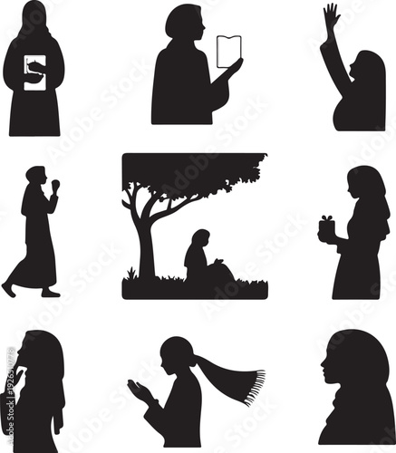 set of black silhouettes of people doing various activities on white background