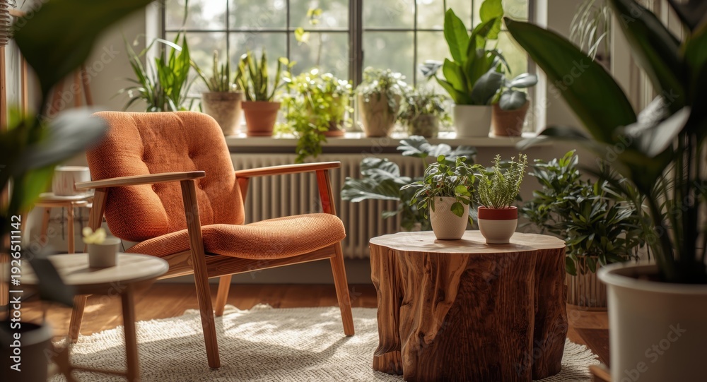 Fototapeta premium Warm and inviting living space with a designer chair, practical table, and assorted potted plants