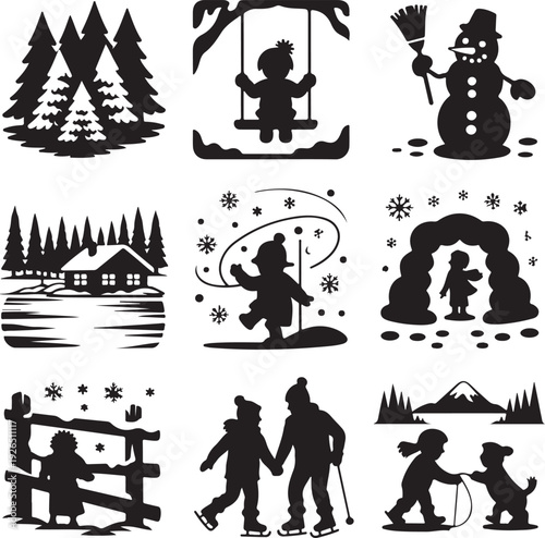 Black silhouettes of winter scenes and activities on white background