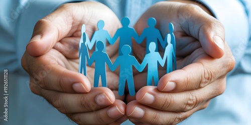Hands protecting paper chain people, community care and social support concept, teamwork, unity, safety, insurance, family protection, trust and responsibility background