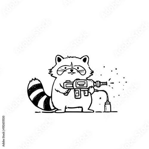 Cartoon raccoon wearing goggles and holding a power washer with a spray nozzle standing on a surface with a bottle nearby in a simple black and white illustration style