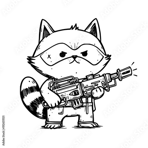 Cartoon raccoon with angry expression holding futuristic gun in monochrome illustration with detailed texture and shading