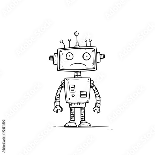 Sad robot illustration with frowning face and mechanical body parts standing alone in simple black and white sketch style