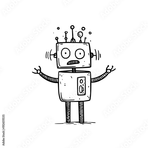 Distressed robot with anxious expression malfunctioning circuits and raised hands in frustration black and white illustration