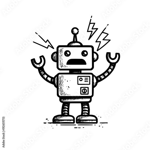 Distressed robot illustration with open arms and lightning bolts black and white cartoon style malfunctioning machinery concept