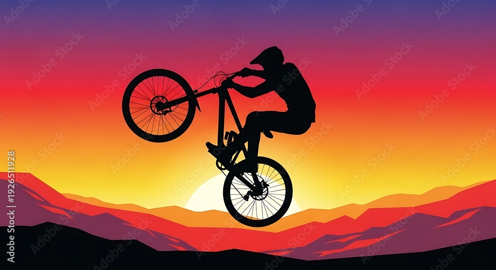 Fototapeta premium Silhouette of a cyclist performing a wheelie at sunset