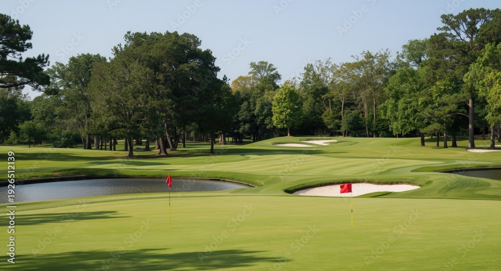 Fototapeta premium Golf cup flagged red on freshly cut green course