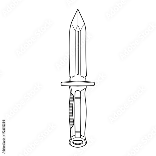 Line art illustration of a tactical combat knife with serrated edge and grip