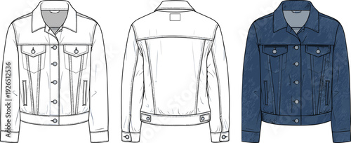 Denim Jacket Technical Flat Sketch, Men's Trucker Jacket Vector Illustration, Front and Back View