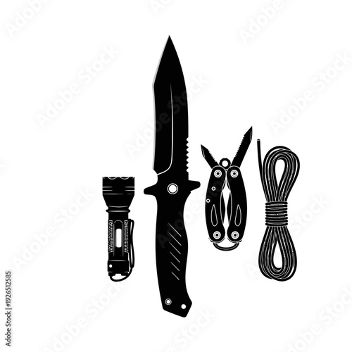 Survival Gear: Knife, Multitool, Flashlight, and Rope