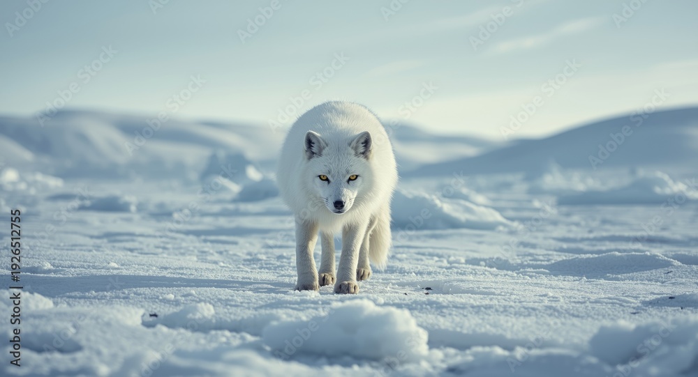 Fototapeta premium Native Arctic fox exploring vast frozen tundra area