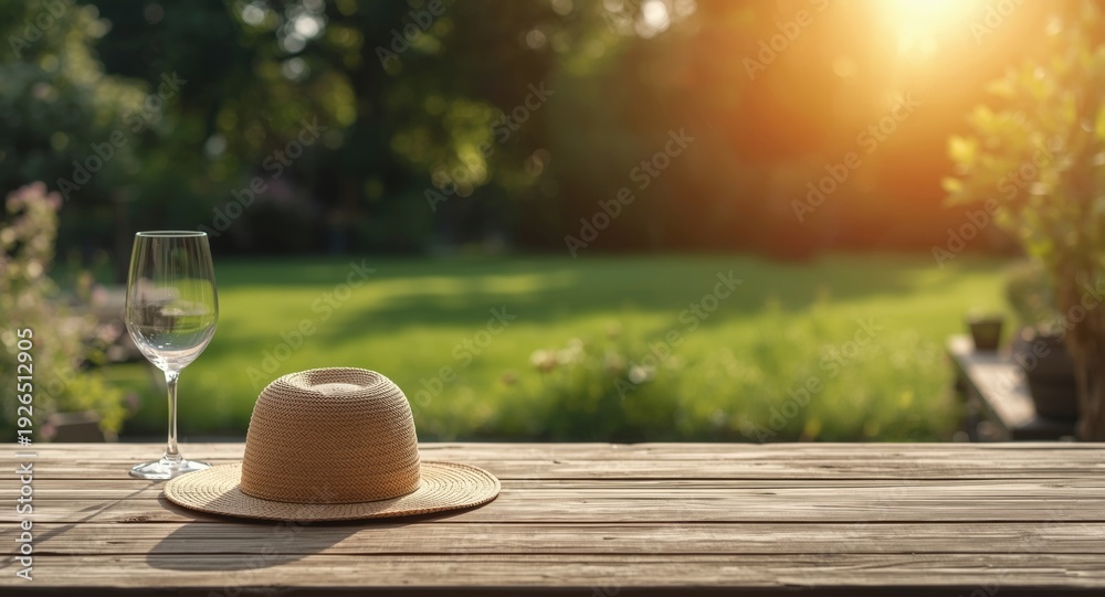Naklejka premium Sunlit rustic wooden table with straw hat and white wine glasses plus expansive garden backdrop and copy space