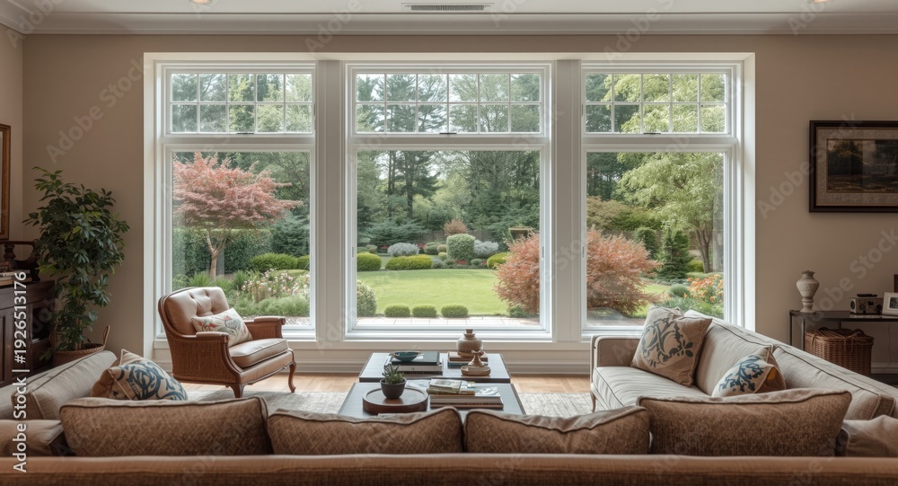 Obraz premium Home living space featuring grand window frames opening to a vibrant garden view
