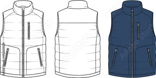 Puffer Vest Technical Flat Sketch, Men's Quilted Gilet Vector Illustration, Front and Back View