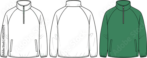 Quarter Zip Fleece Pullover Jacket Fashion Flat Sketch, Front and Back View Technical Vector Template