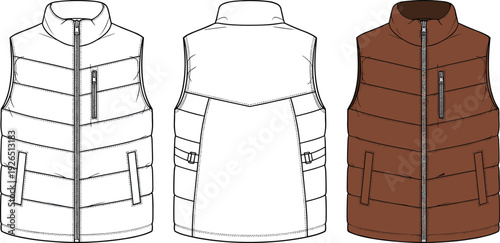 Puffer Vest Vector Technical Fashion Sketch, Men Flat Gilet Outerwear Design Template