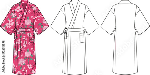 Women Floral Kimono Robe Fashion Flat Sketch Technical Drawing Vector Template