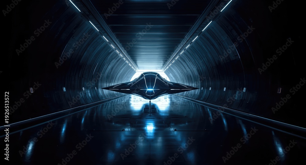 Fototapeta premium Spaceship glowing blue and white in a futuristic showroom tunnel with black hangar