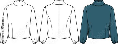 Women's Turtle Neck Blouse Technical Sketch Flat Vector Illustration Set with Front and Back Views
