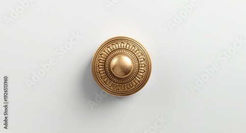 Decorative brass drawer knob with shiny gold finish and detailed embossing on white