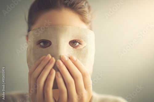 Woman wearing a simple mask to conceal her face and identity, hands covering her mouth