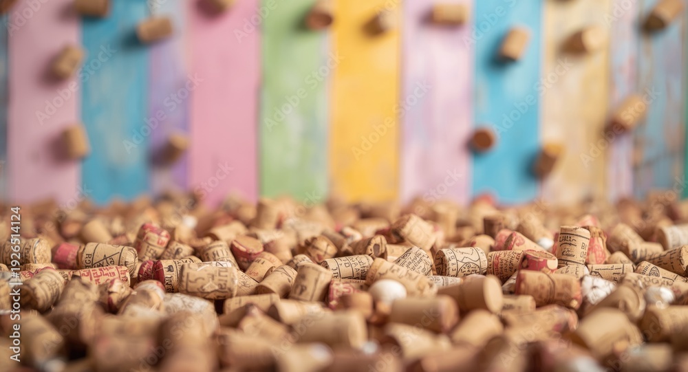 Fototapeta premium Cheerful multihue backdrop decorated with champagne corks and open copy space