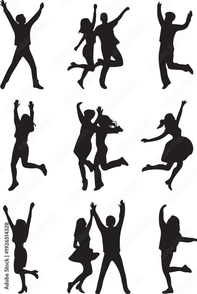Fototapeta premium set of black silhouettes of people jumping and dancing various poses