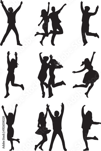 set of black silhouettes of people jumping and dancing  various poses