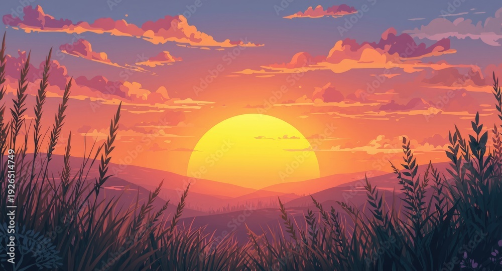 Obraz premium Creative cartoon sunrise with detailed natural elements and warm hues