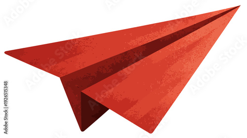 A red paper airplane vector with textured finish, isolated on a white background, minimal design