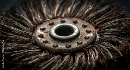 Close focused shot on the tips of abrasive wire bristles on a grinding brush wheel