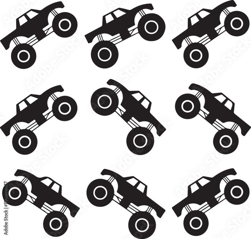 set of monster trucks in different positions on white background