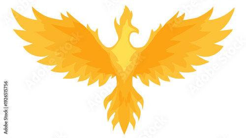 A stylized bird design with spread wings and tail in shades of yellow and orange against a white background
