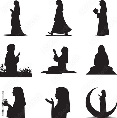 Ramadan Kareem Muslim woman silhouettes in various prayer and reading positions