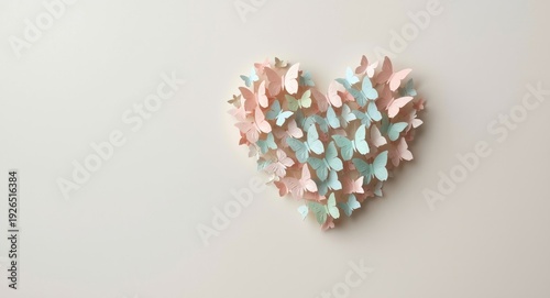 Neutral background featuring heart of tiny paper butterflies in pastel shades