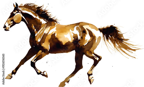 Expressive sepia brown galloping horse in loose watercolor brushstrokes, elegant equestrian artwork for classic wall decor and country interiors