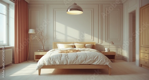Modern Scandinavian bedroom interior with master bed and ceiling lamp front view 3D rendering