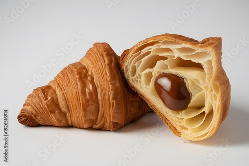 Fresh golden chocolate croissant and halved croissant with hazelnut filling isolated on white background for bakery menu