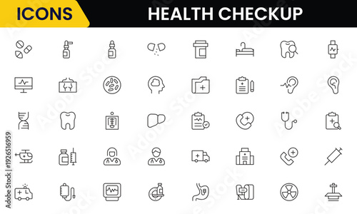 Health checkup icons depicting medical examination, stethoscope, heartbeat, diagnostics, hospital, doctor consultation, tests, reports, wellness, prevention, monitoring, clinic, healthcare, appointmen