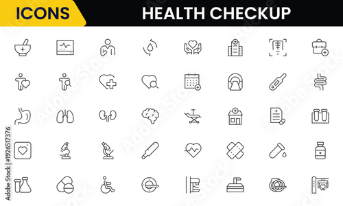 Health checkup icons depicting medical examination, stethoscope, heartbeat, diagnostics, hospital, doctor consultation, tests, reports, wellness, prevention, monitoring, clinic, healthcare, appointmen