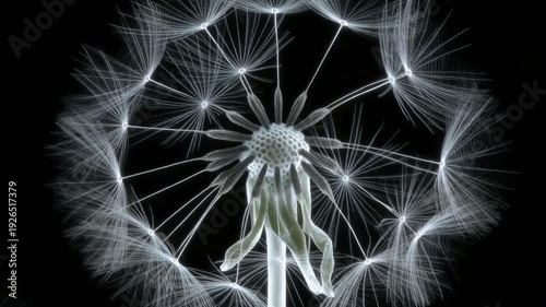 An X-ray flower dandelion releases its glowing seeds into the dark, highlighting its delicate structure and botanical transparency.