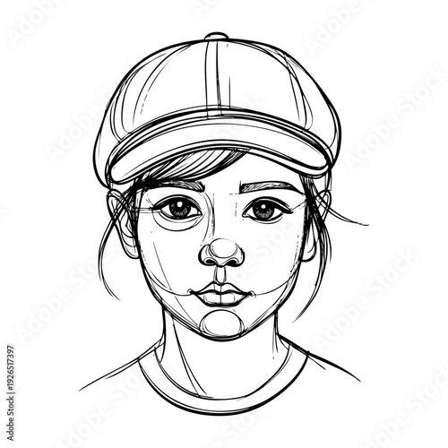 Dibujo sencillo con líneas del boceto de la cabeza de una chica con gorra de beisbol