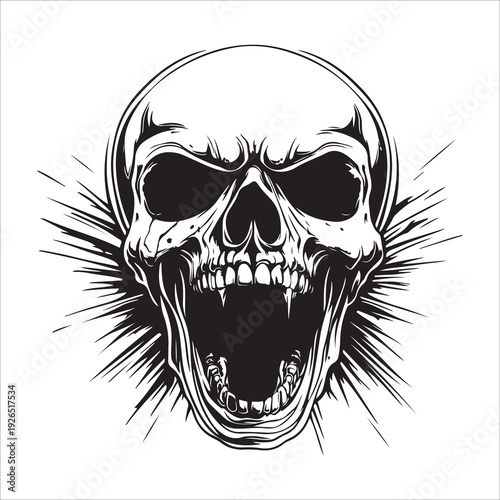 Terrifying screaming skull vector silhouette, Skull Tattoo Vector Art Illustration, Human skull vector illustration, Detailed vintage art silhouette of a human skull