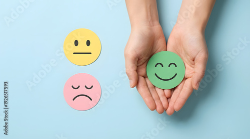 Hands holding green happy face emoji, customer satisfaction concept