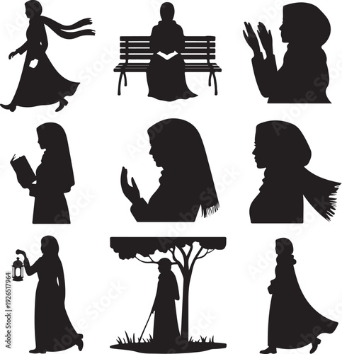 set of black silhouettes of women in various poses and activities