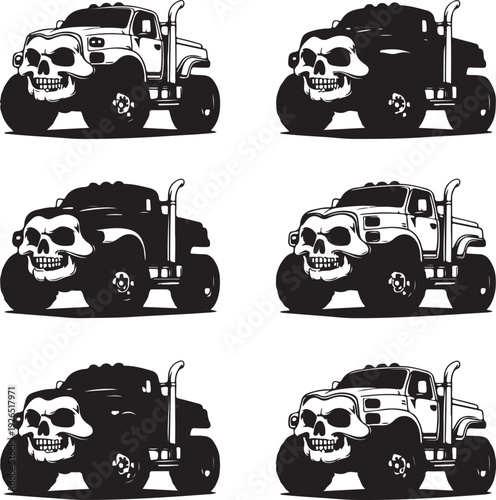 Set of monster truck skull designs with different black and white color variations