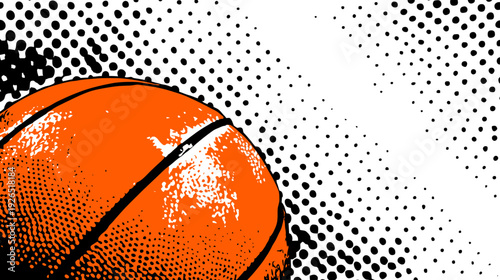 Graphic image features a basketball with orange tone and a backdrop of black dots on white