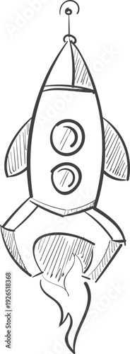 Flying rocket doodle. Spacecraft symbol. Toy drawing